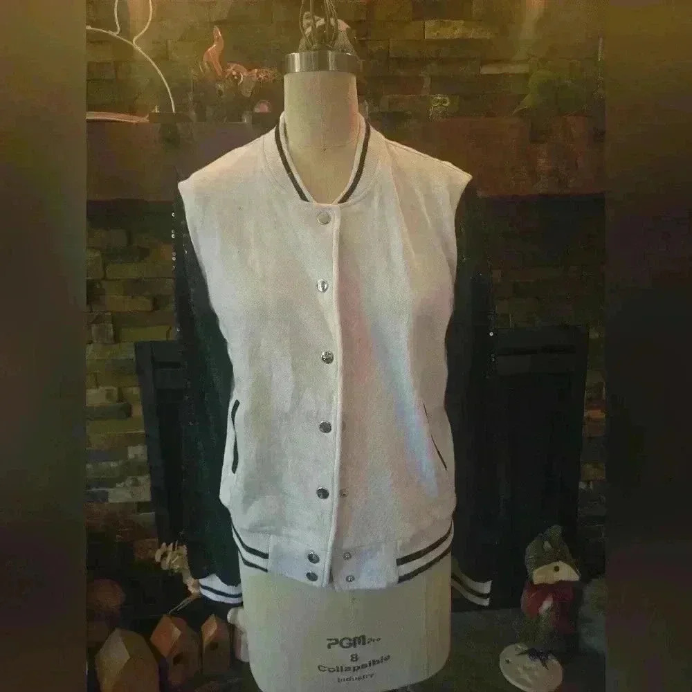 White baseball jacket with black sequin sleeves - image 2